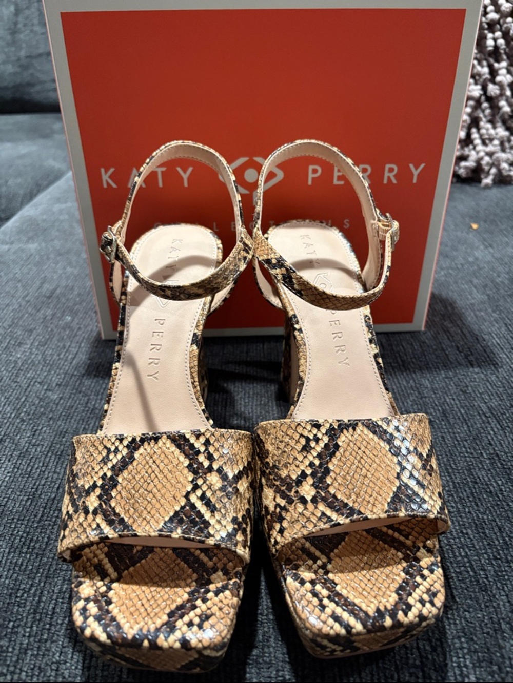 Katy Perry Collections Snake-Print Platform Sandals in Tan & Black. New in box